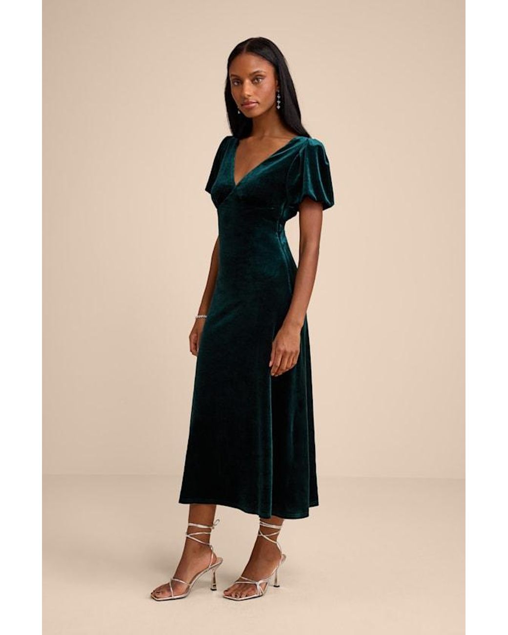 Lulus Black Obrissa Emerald Velvet Puff Sleeve Tie-Back Midi Dress