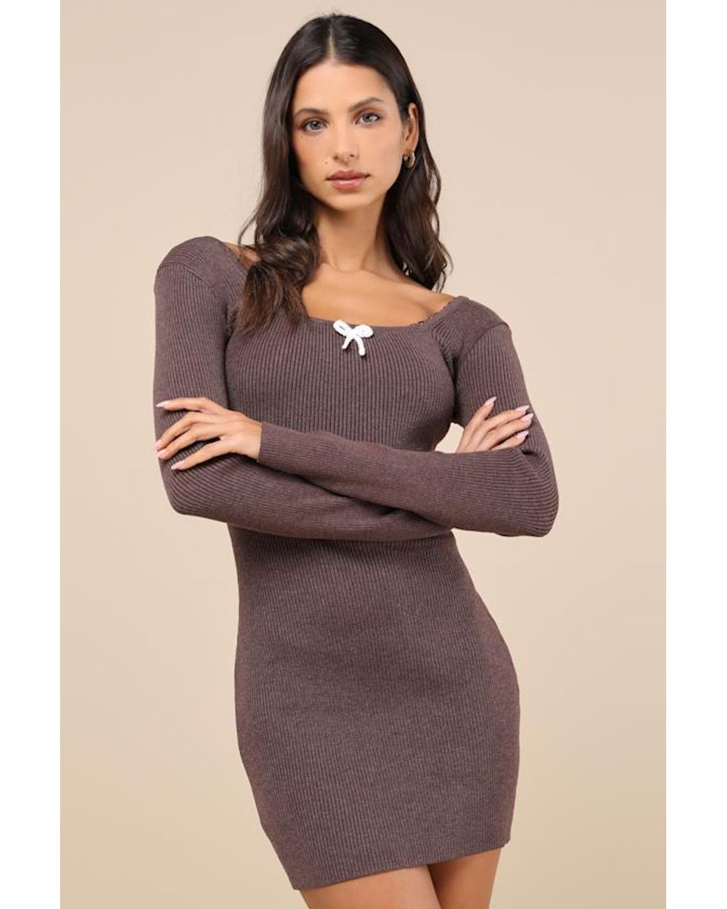 Daisy Street Brown Sweetest Joy Heather Long Sleeve Sweater Mini Dress