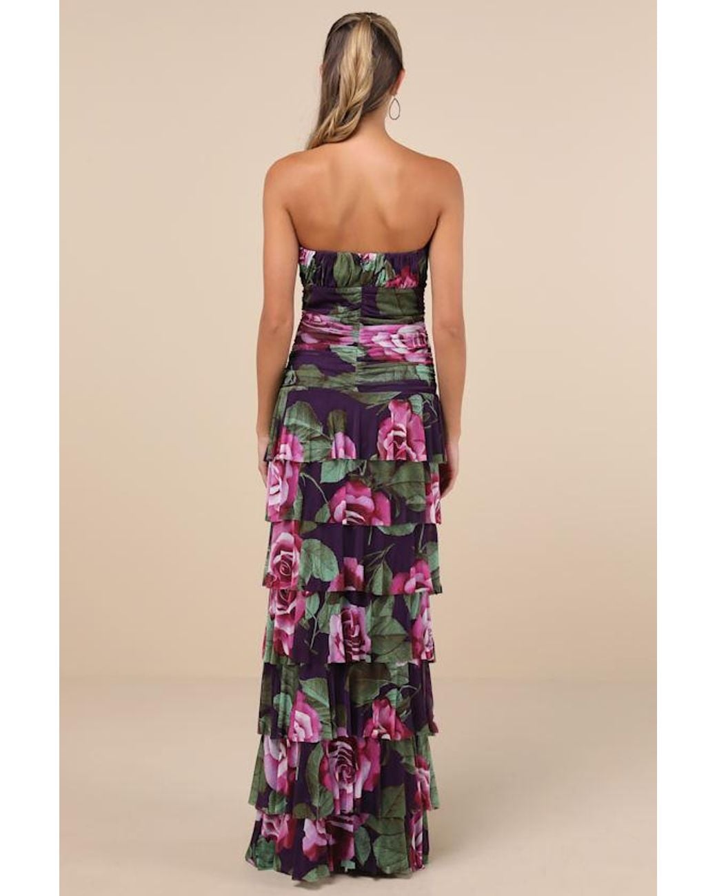 Lulus Purple Phenomenal Aura Plum Floral Ruched Tiered Strapless Maxi Dress
