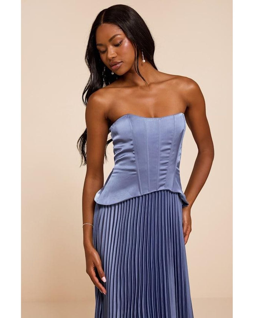 Lulus Blue Makani Satin Bustier Maxi Dress