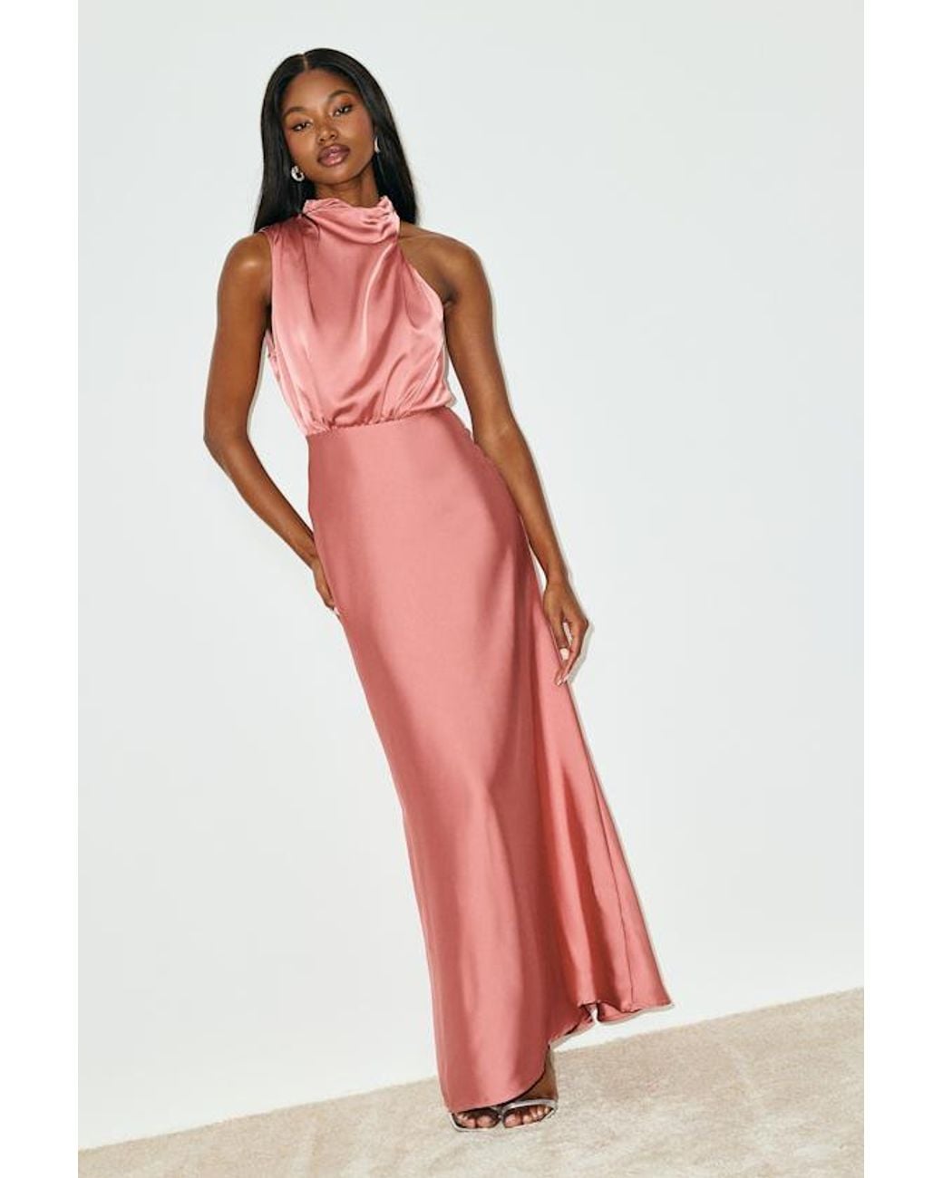 Lulus Pink Distinctive Charm Rose Satin Asymmetrical Maxi Dress
