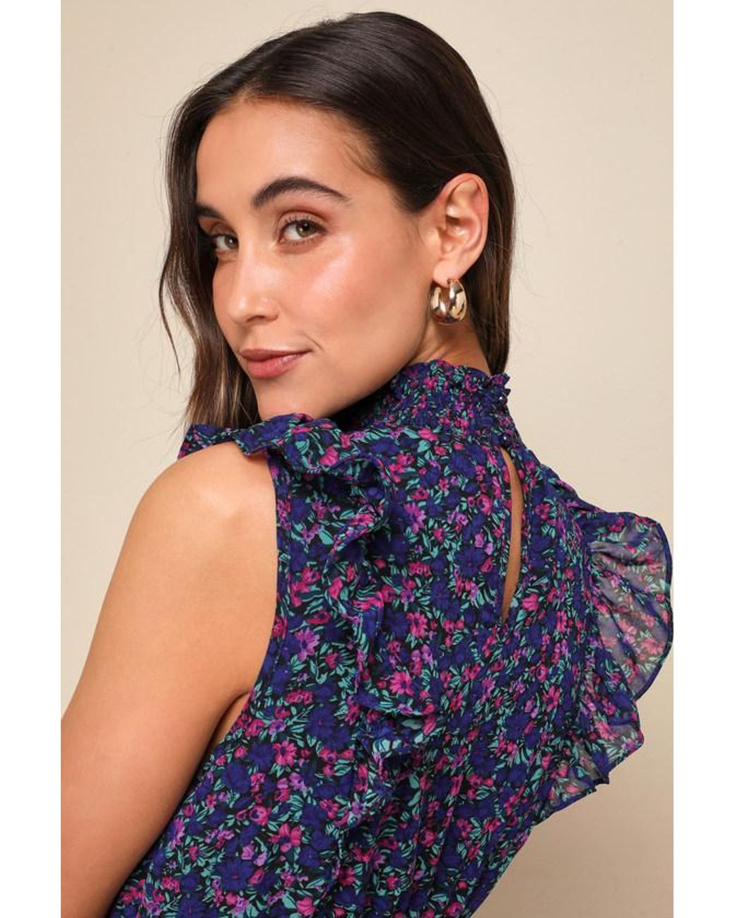Lulus Blue Evalina Floral Print Mock Neck Midi Dress