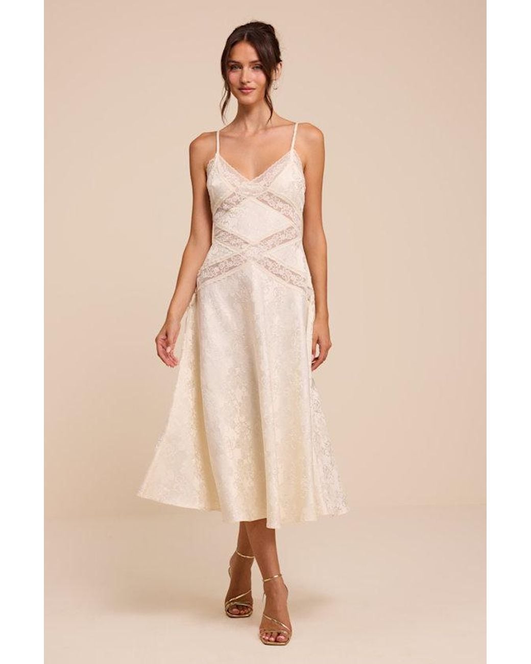 Lulus Natural Adia Floral Jacquard Satin Midi Dress
