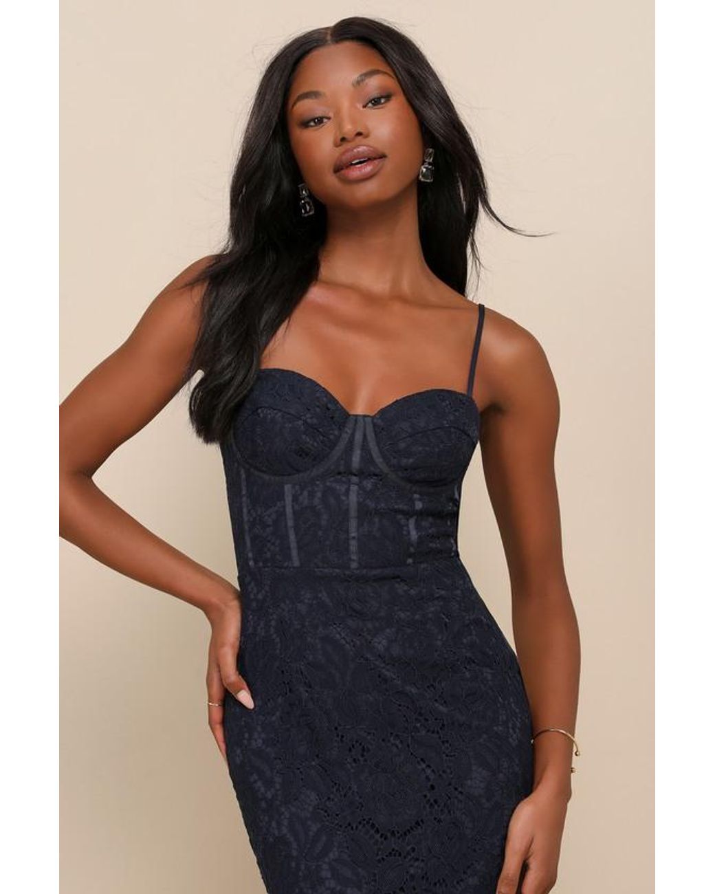Lulus Blue Found Your Love Lace Sleeveless Trumpet Midi Dress