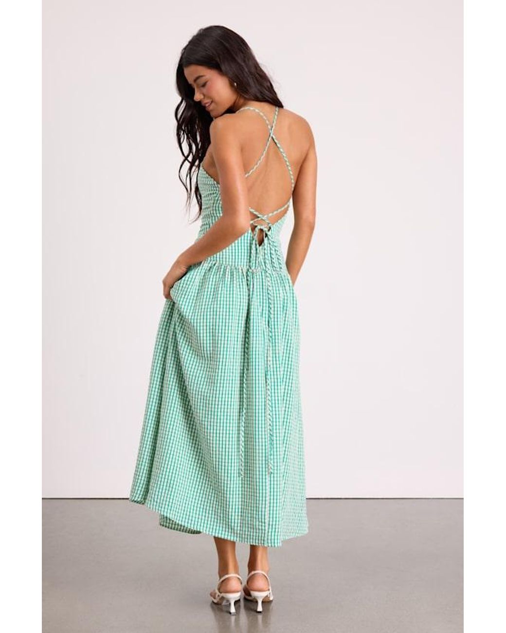 Lulus Green Lanny Gingham Lace-Up Midi Dress