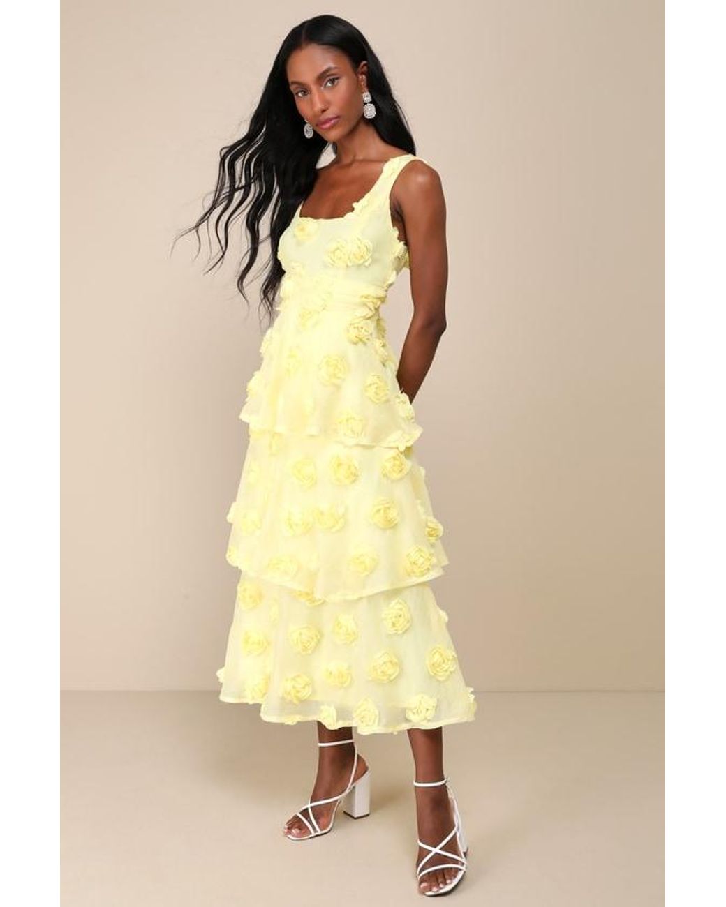Lulus Yellow Exceptional Entrance Sleeveless Tiered Rosette Midi Dress