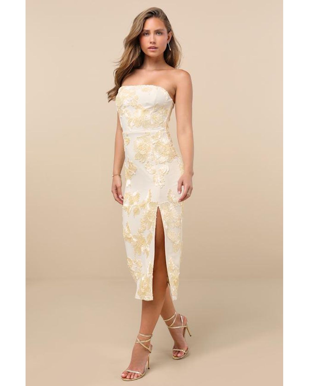 Lulus Natural Kattalin Cream Floral Applique Strapless Midi Dress