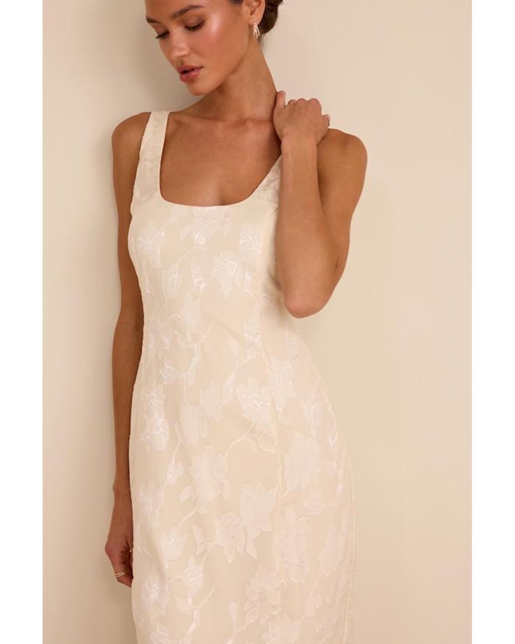 Lulus Natural Elani Floral Burnout Trumpet Midi Dress