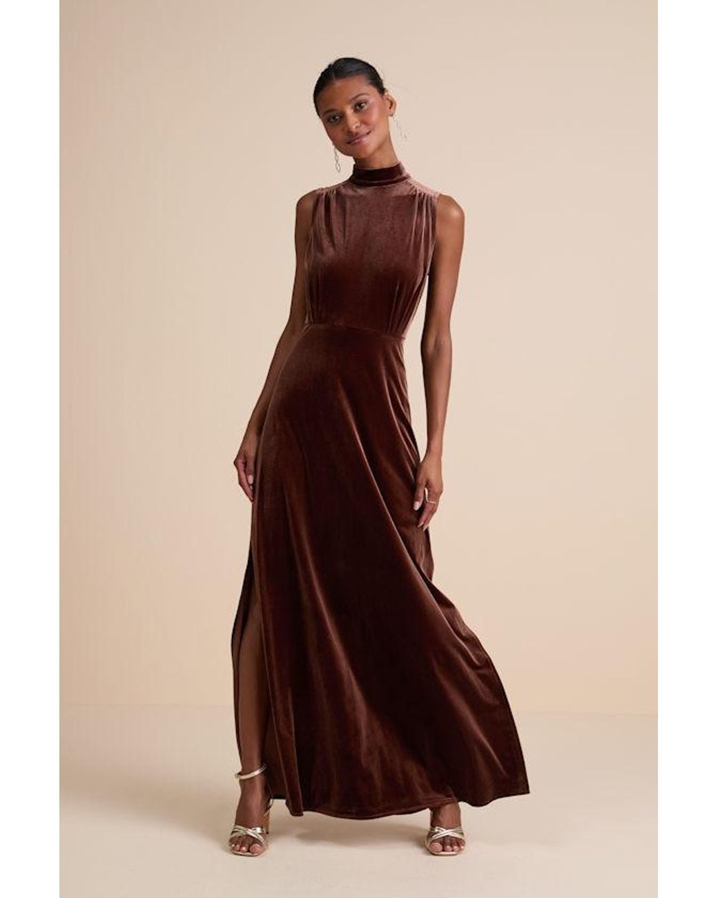 Lulus Brown Classic Elegance Velvet Sleeveless Mock Neck Maxi Dress