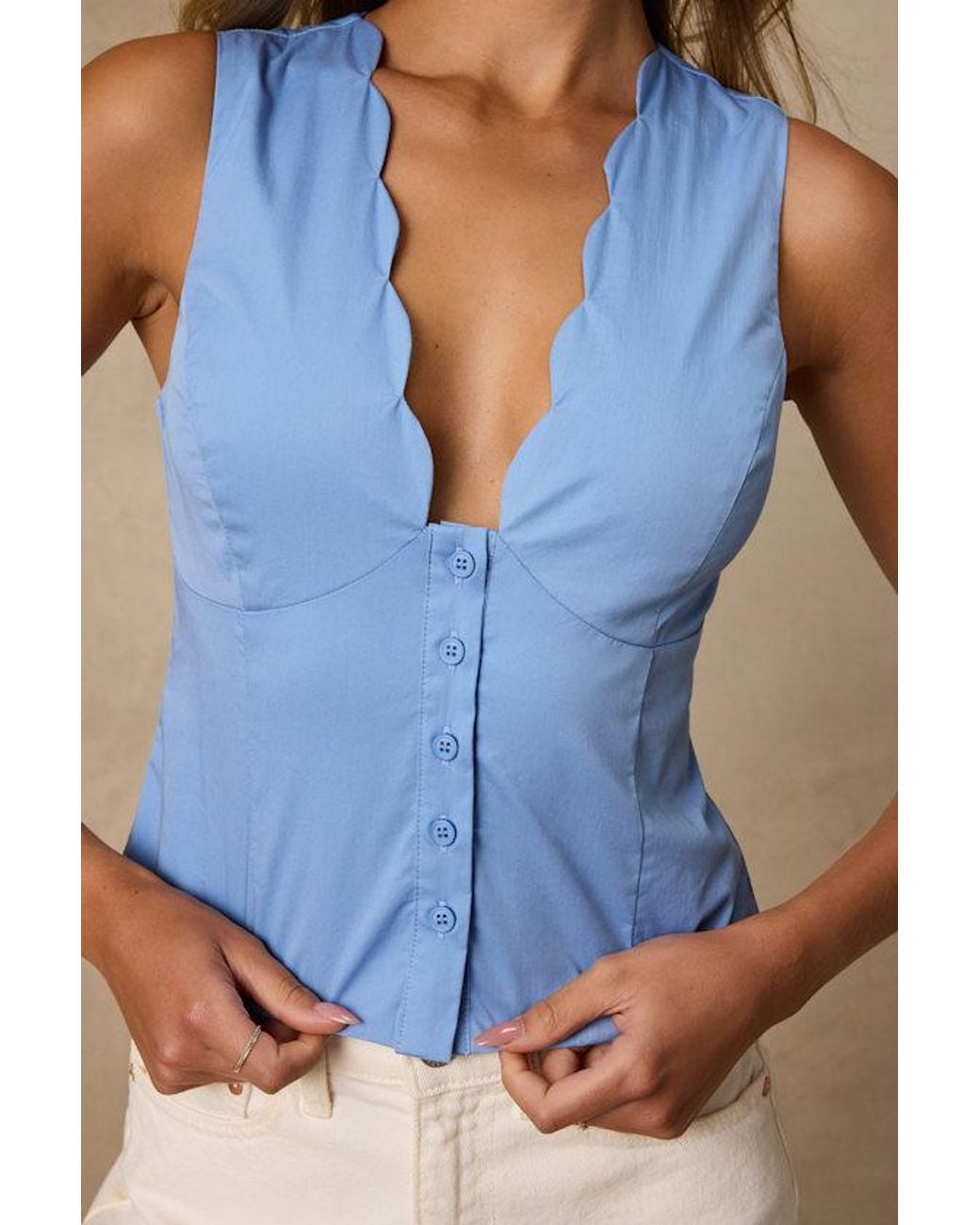 Lulus Blue Seasonally Lovely Scalloped Button-Front Poplin Top