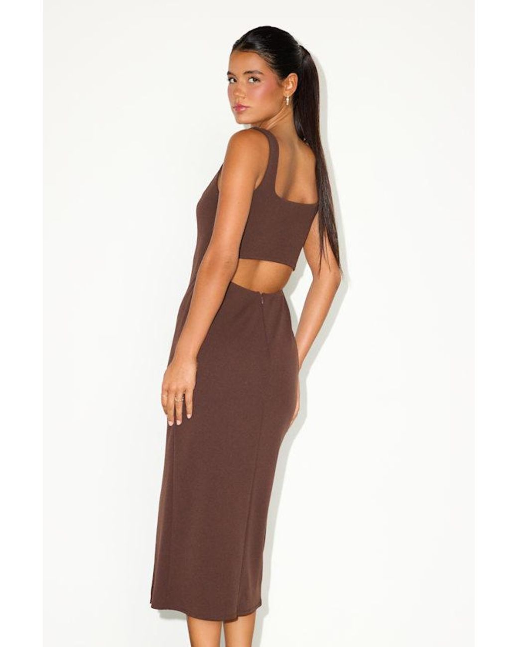 Lulus Brown Davana Dark Cutout Midi Dress