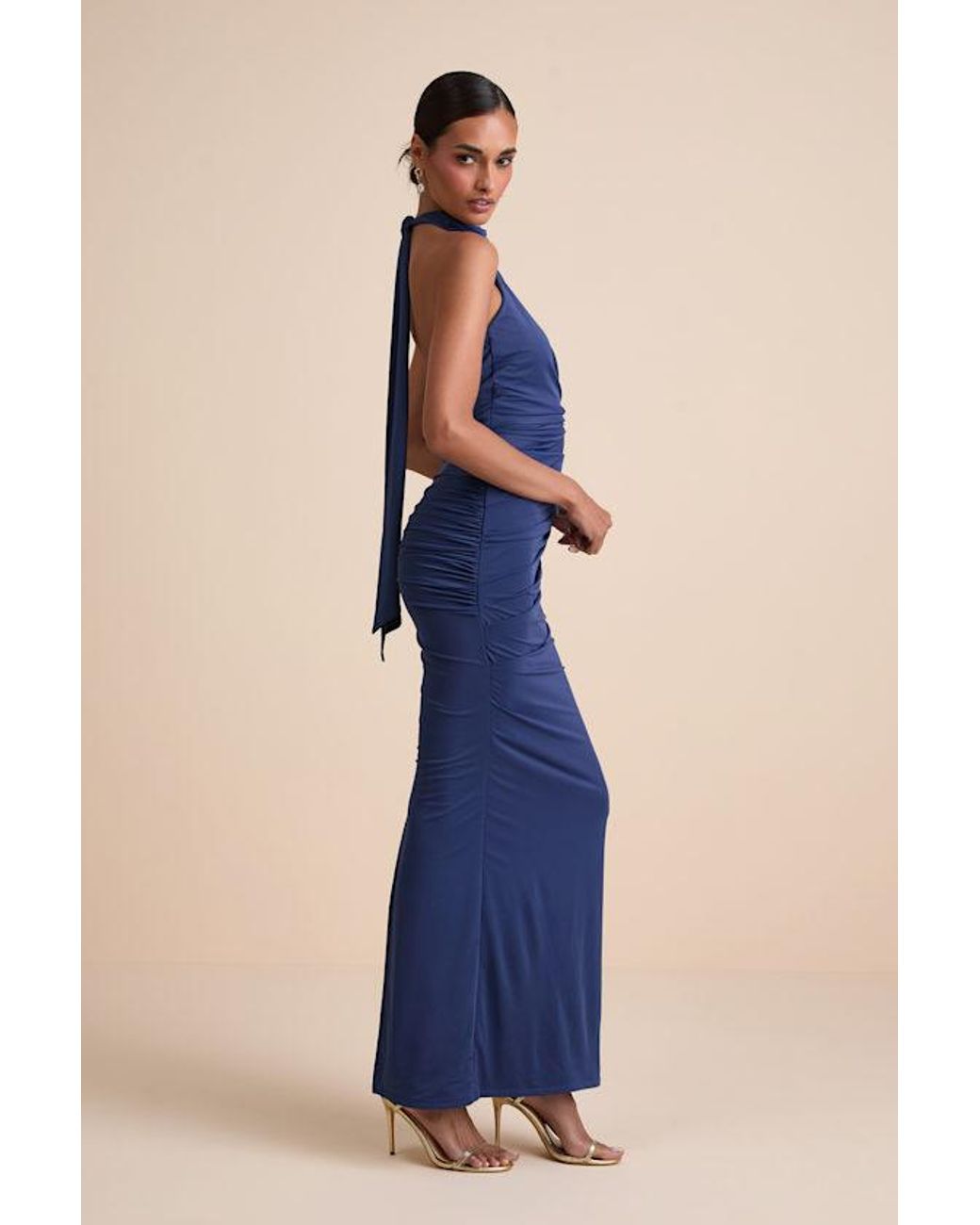Lulus Blue Seraiah Knotted Ruched Halter Maxi Dress