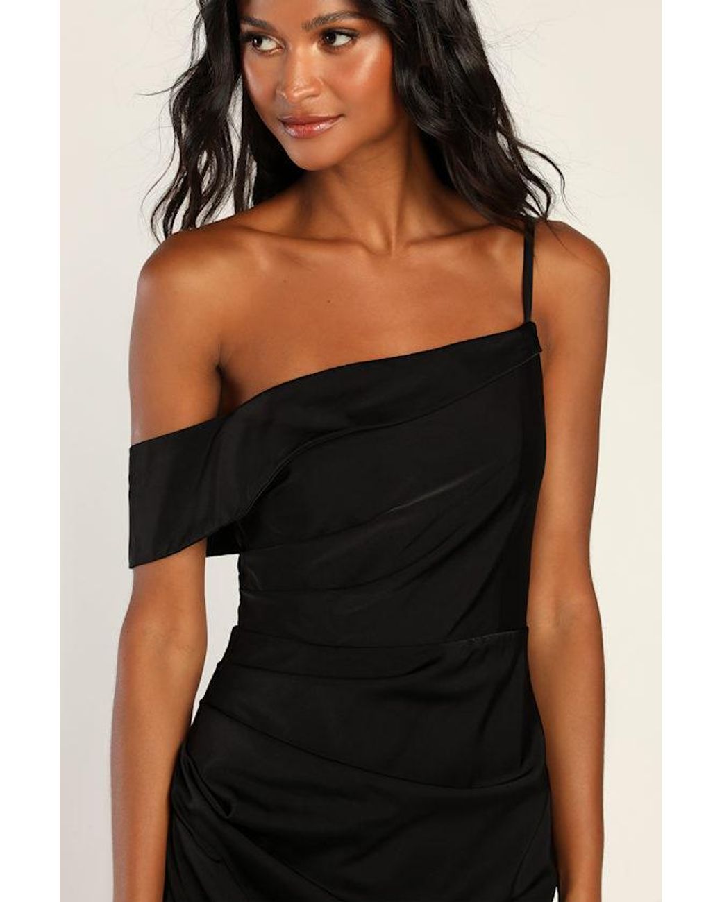 Lulus Black Showing Off A Little Asymmetrical Tulip Midi Dress