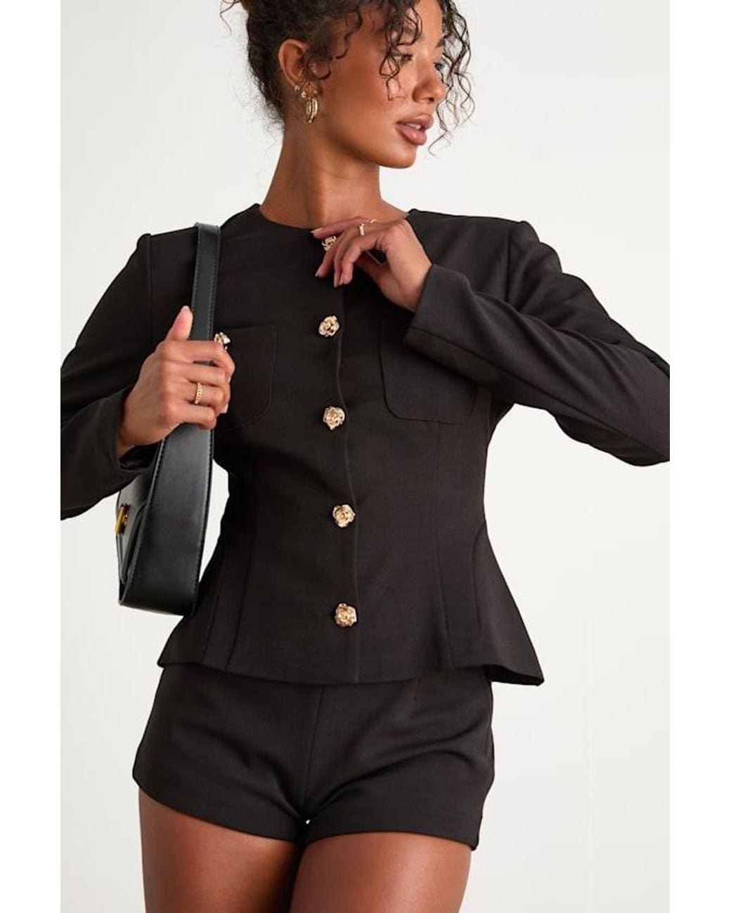 Lulus Black Lynn Rosette Button-Front Blazer