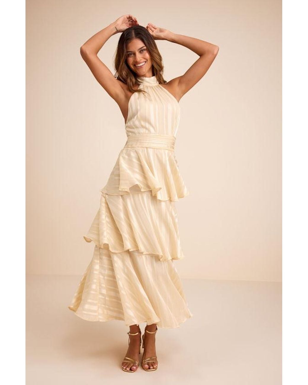 Lulus Natural Jennica Pale Striped Satin Tiered Midi Dress