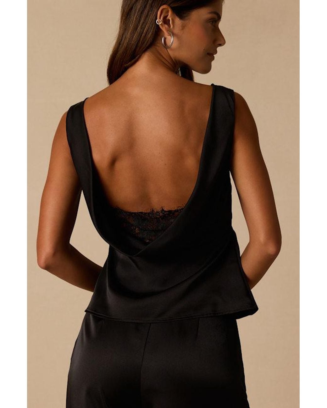 Lulus Black Arquette Satin Cowl Back Tank Top