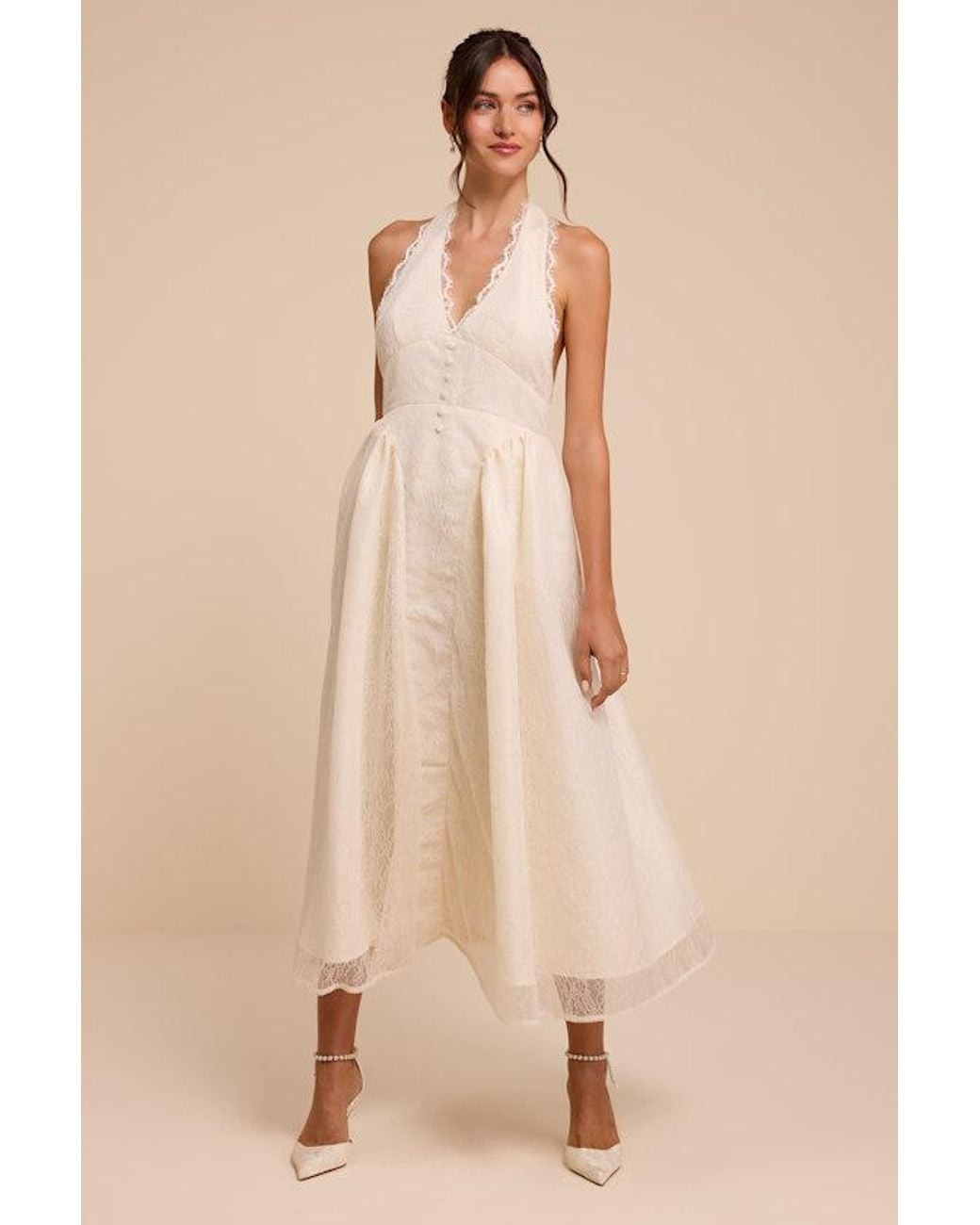 Lulus Natural Finnley Lace Halter Midi Dress