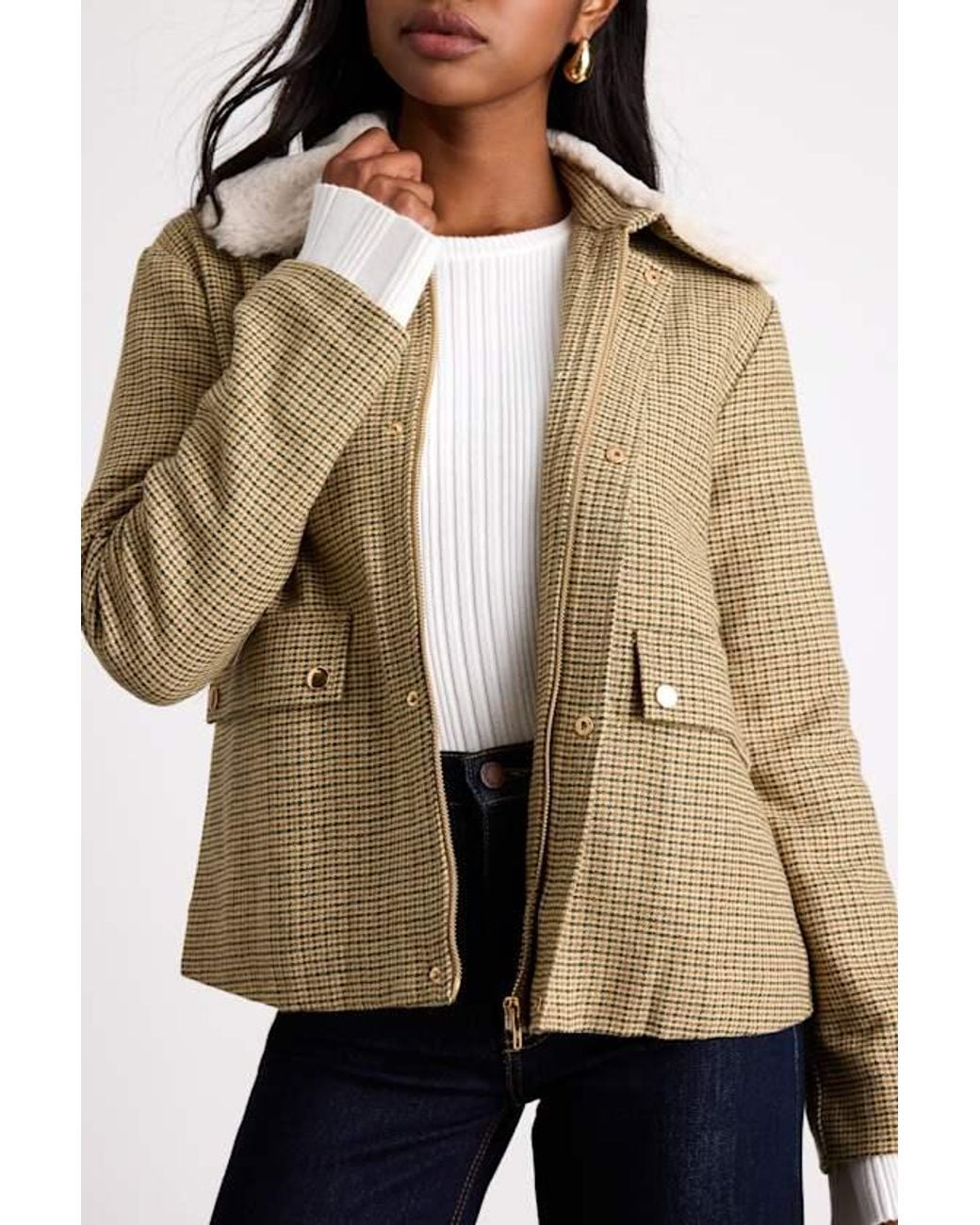 Lulus Natural Bertie Plaid Tweed Faux Fur Collar Jacket