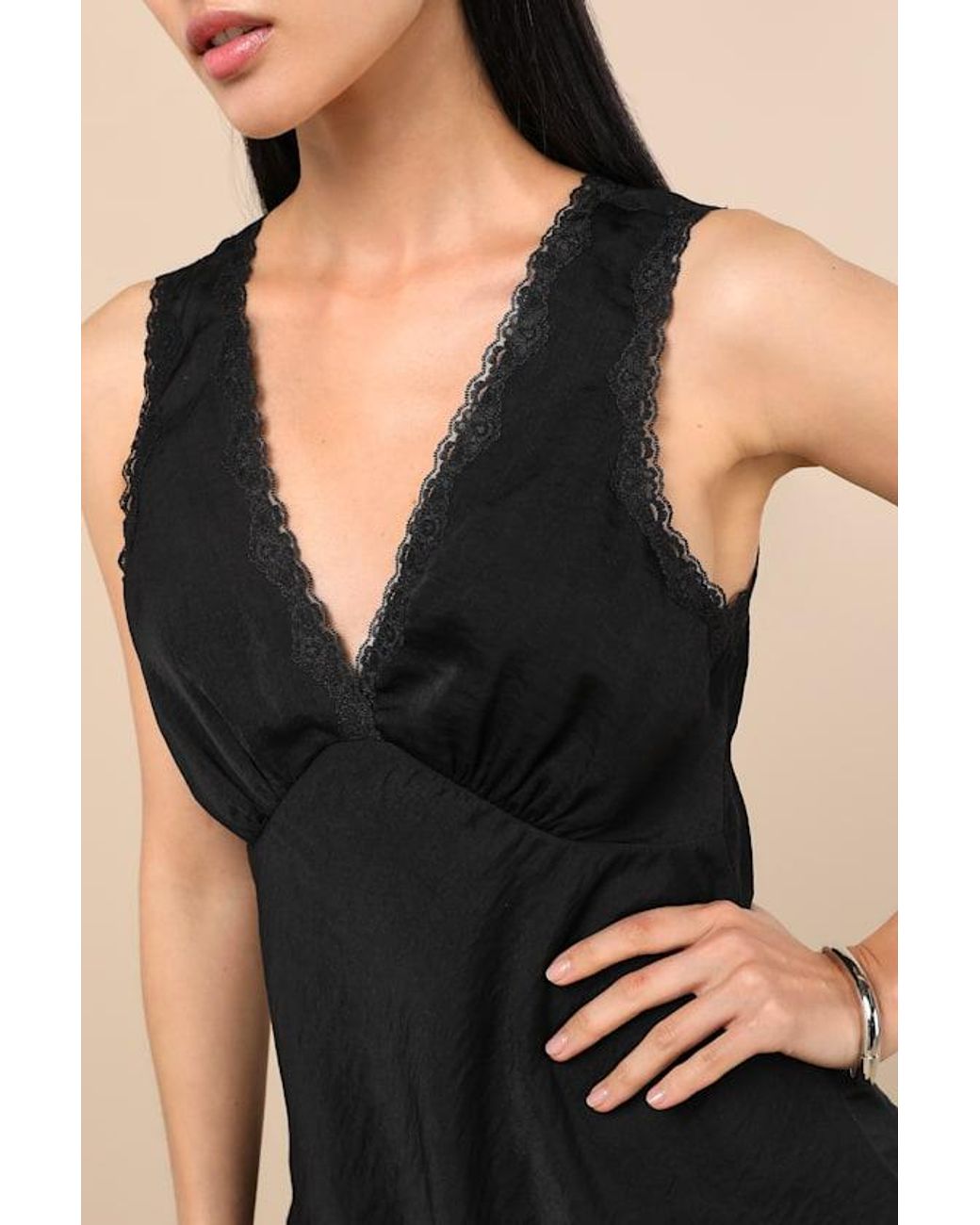 Lulus Black Lowenna Satin Lace Tank Top