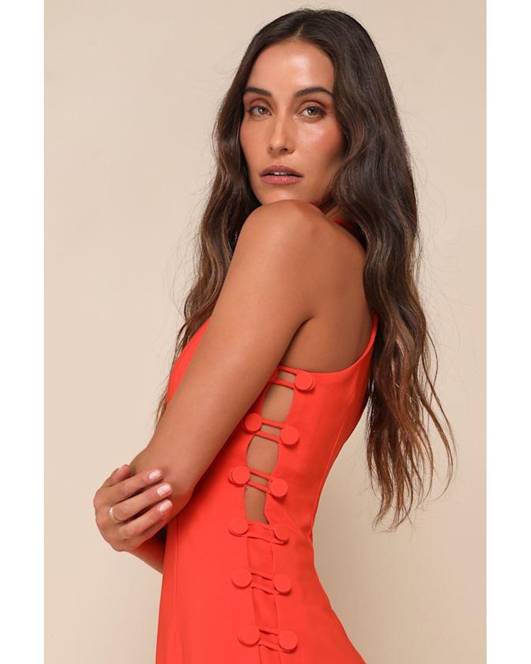 Lulus Red Masterfully Mod Bright Side Button Midi Dress