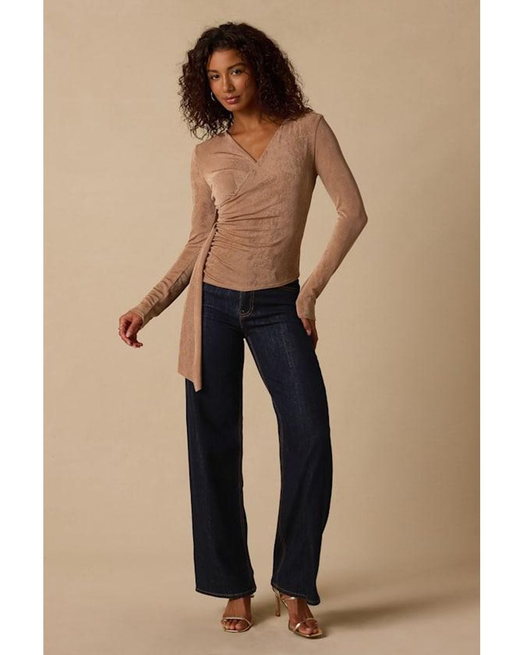 Lulus Natural Beck Khaki Long Sleeve Surplice Top