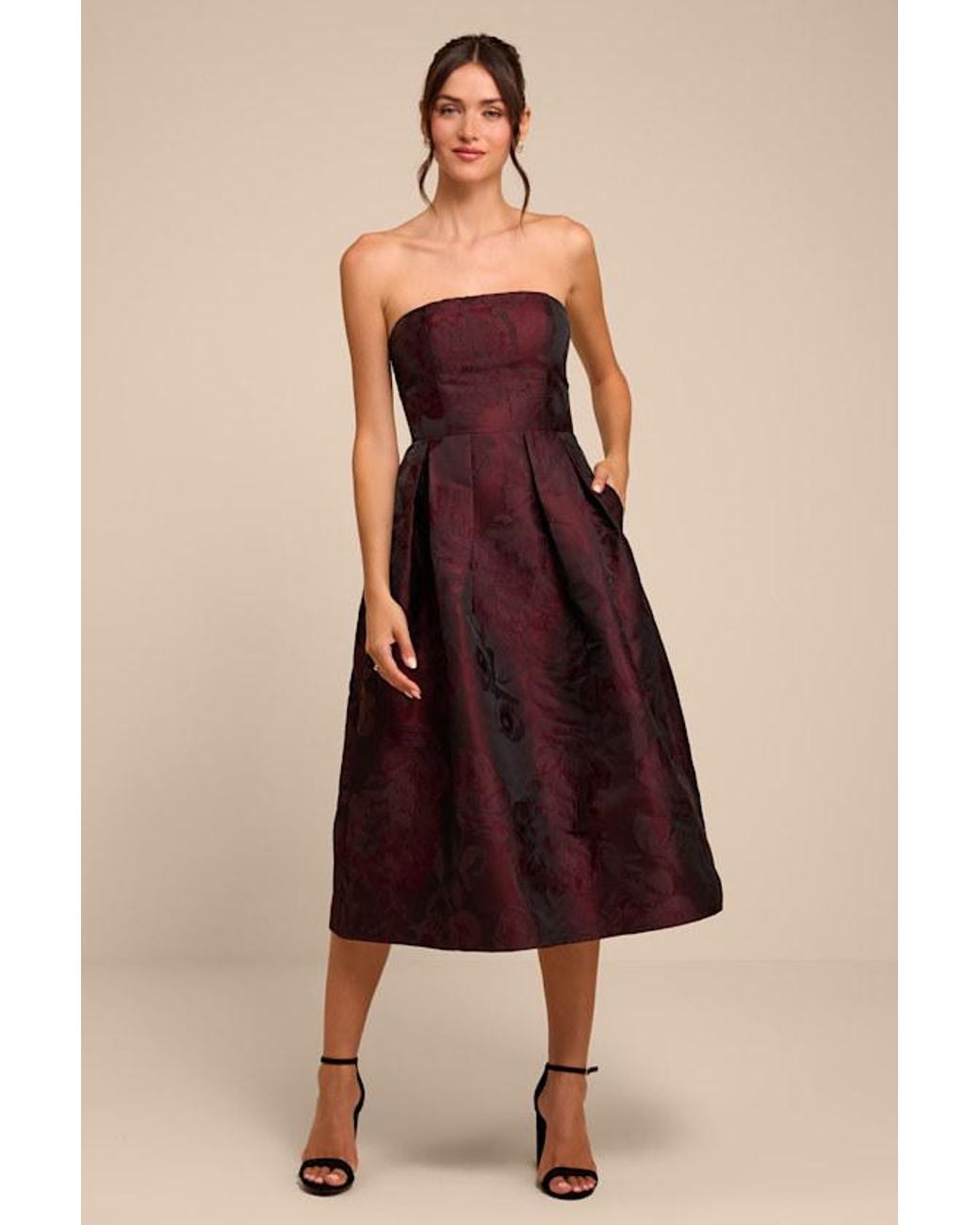 Lulus Red Laurelin Floral Jacquard Strapless Midi Dress