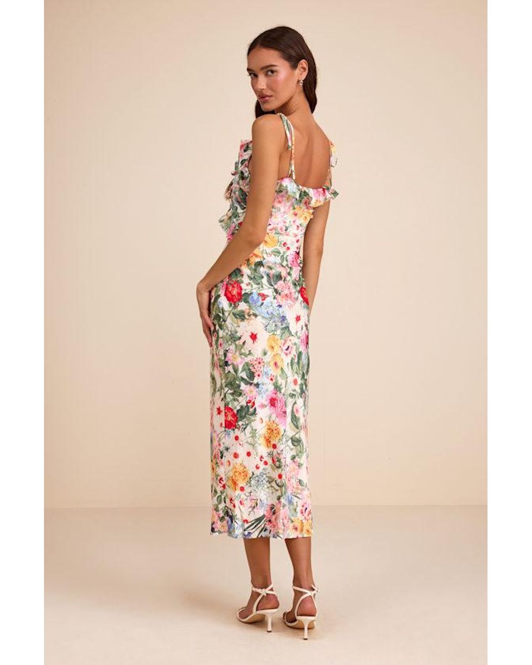 Lulus White Clelia Multi Floral Satin Ruffled Tie-Strap Midi Dress