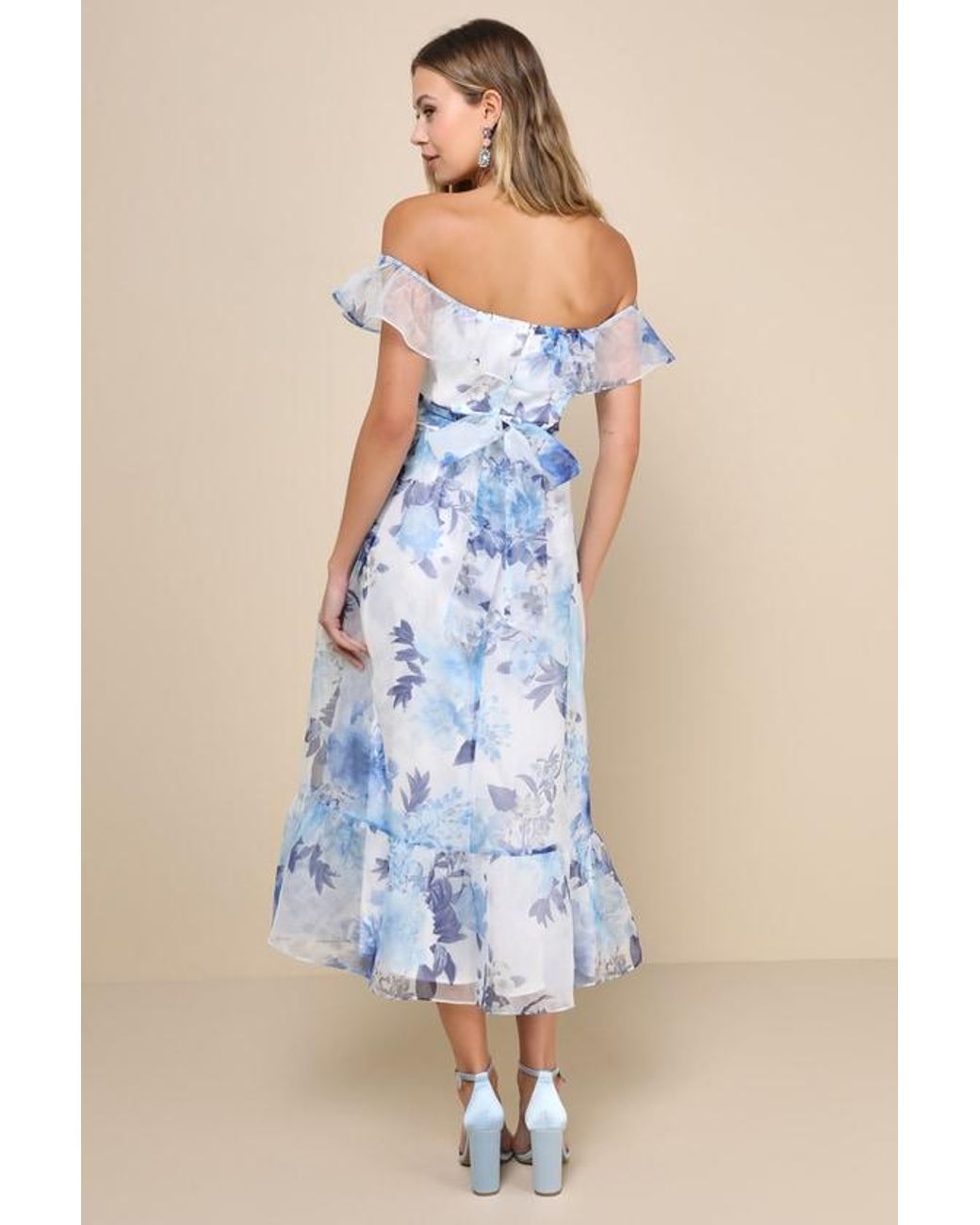 Lulus Blue Sweet Composure Floral Organza Off-The-Shoulder Midi Dress