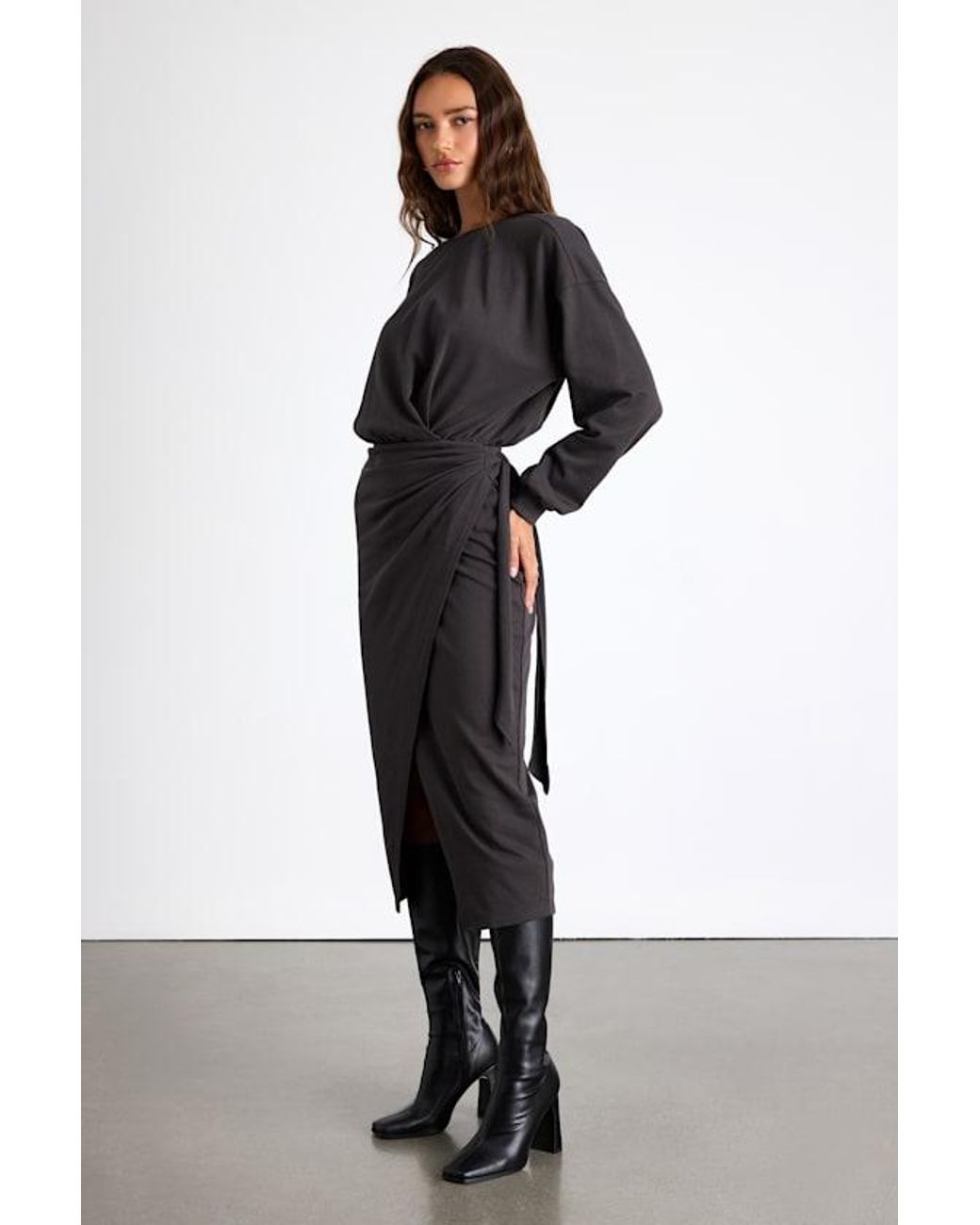 Lulus Black Eunia Jersey Knit Long Sleeve Wrap Midi Dress