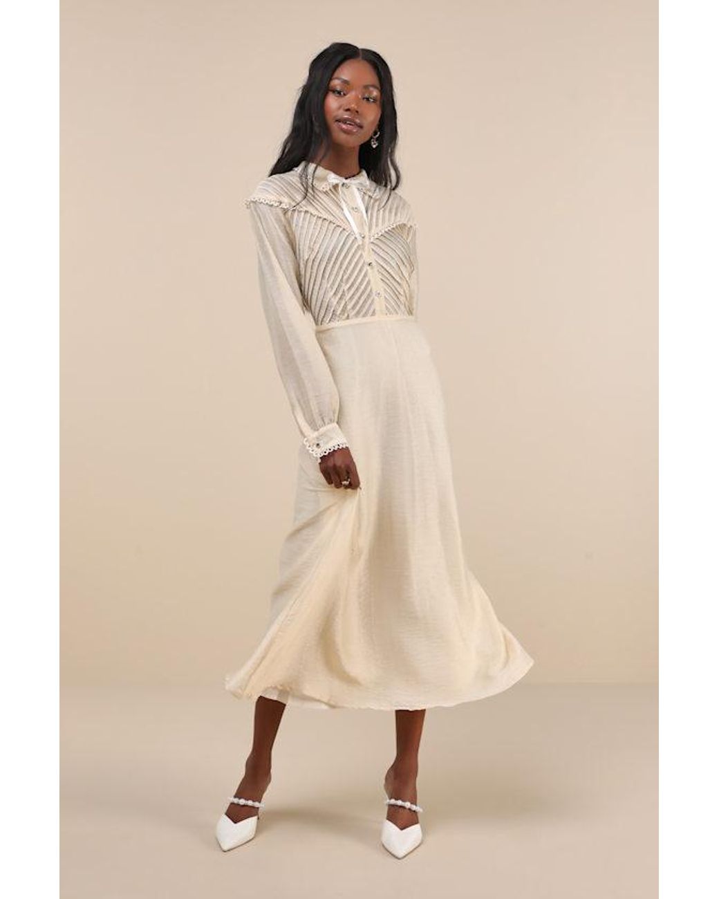 Sister Jane Pony Cream Sheer Pintuck Lace Long Sleeve