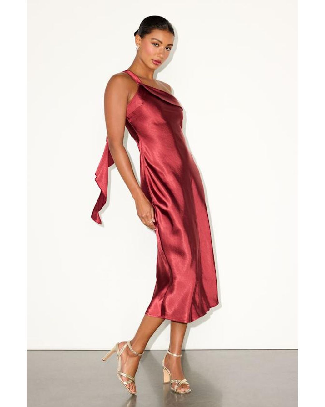 Lulus Red Naima Satin One-Shoulder Midi Dress