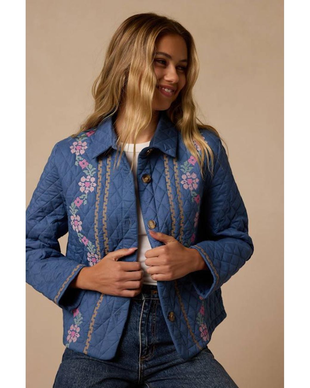 Lulus Blue Neve Embroidered Quilted Jacket