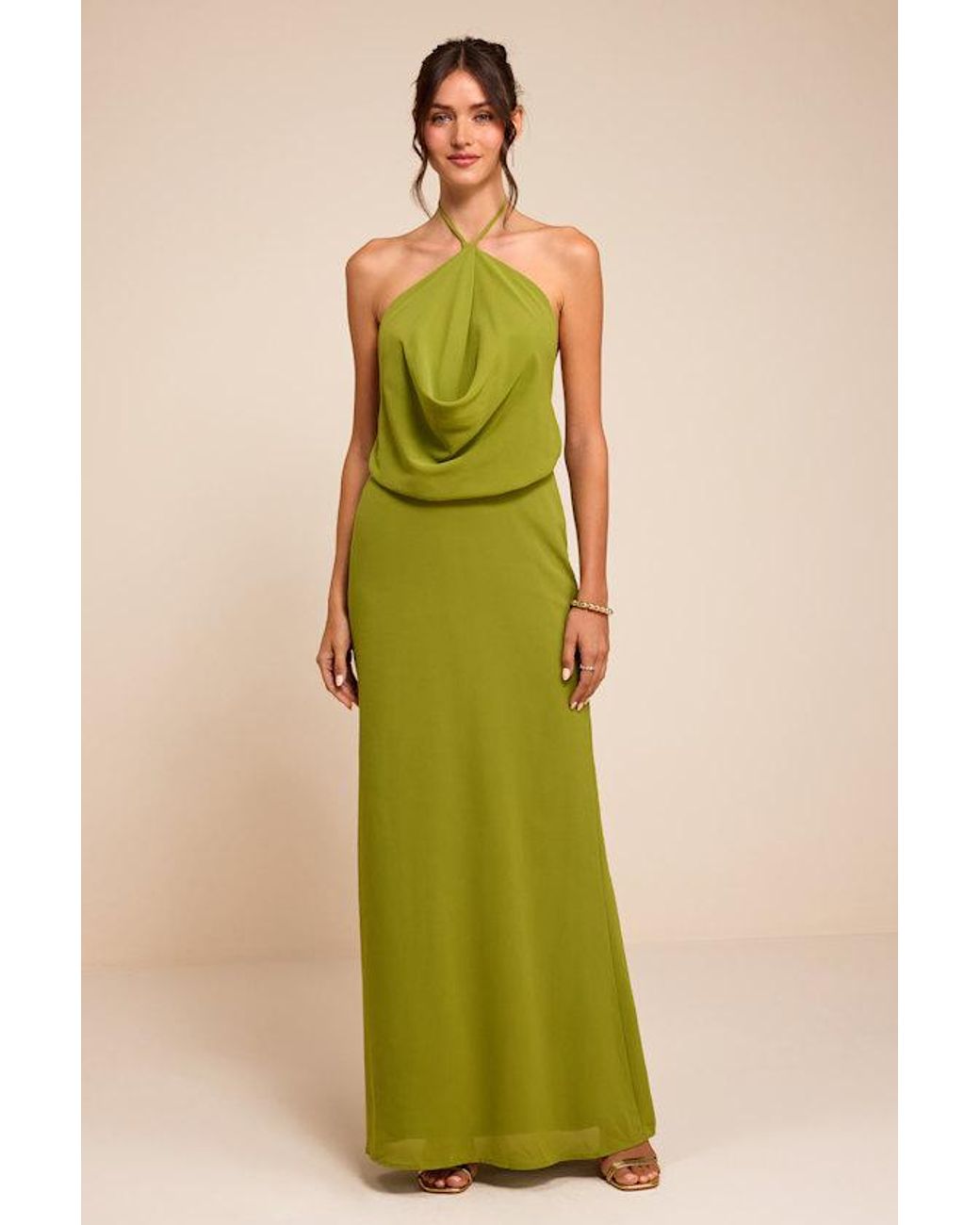 Lulus Green Piper Chartreuse Cowl-Front Maxi Dress