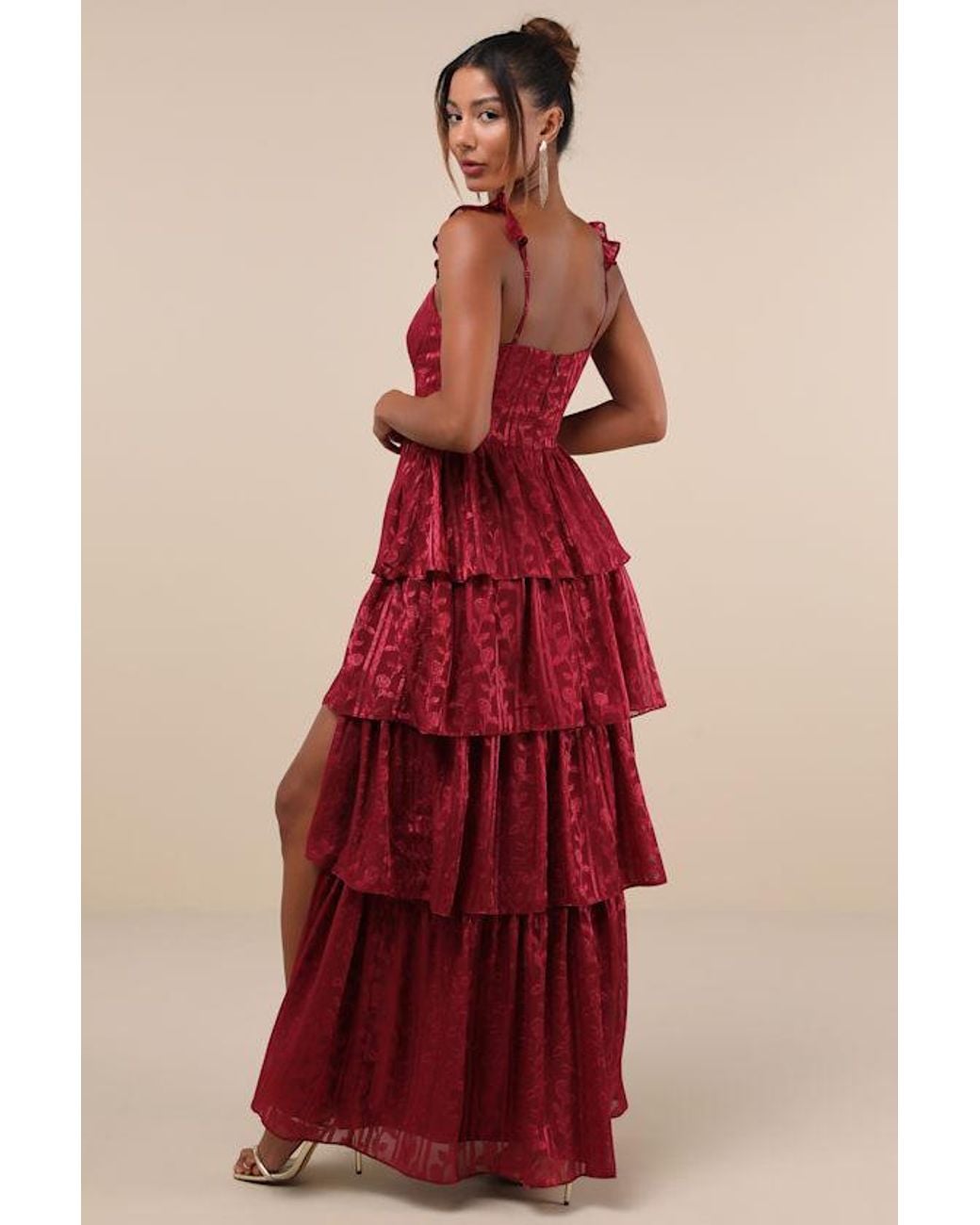 Lulus Stunning Glory Floral Jacquard Tiered Maxi Dress