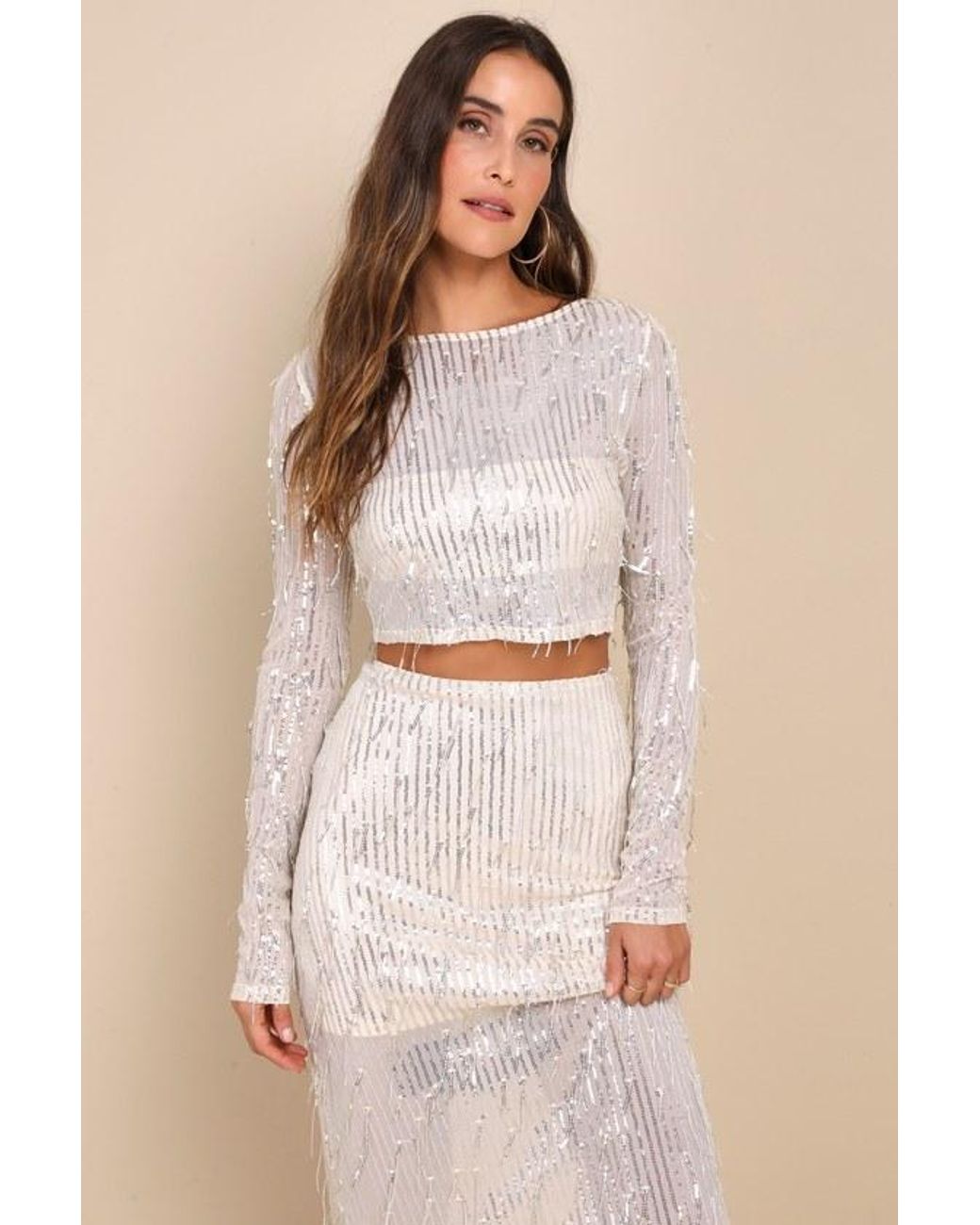 Lulus Natural Greatest Sparkle Mesh Sequin Fringe Two-Piece Midi Dress