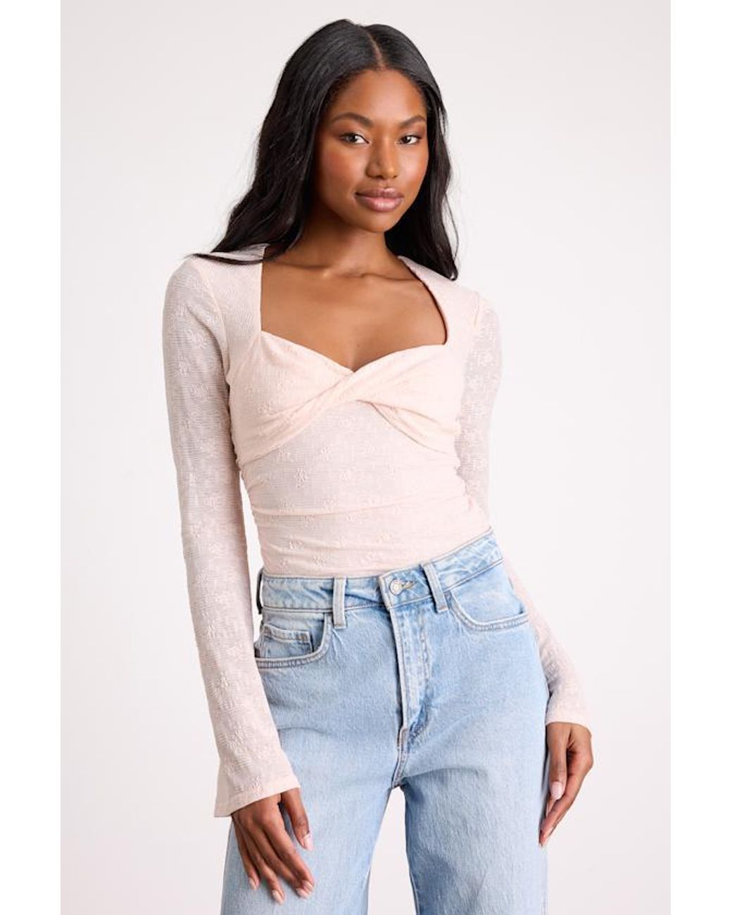 Lulus Blue Emada Blush Textured Twist-Front Long Sleeve Top
