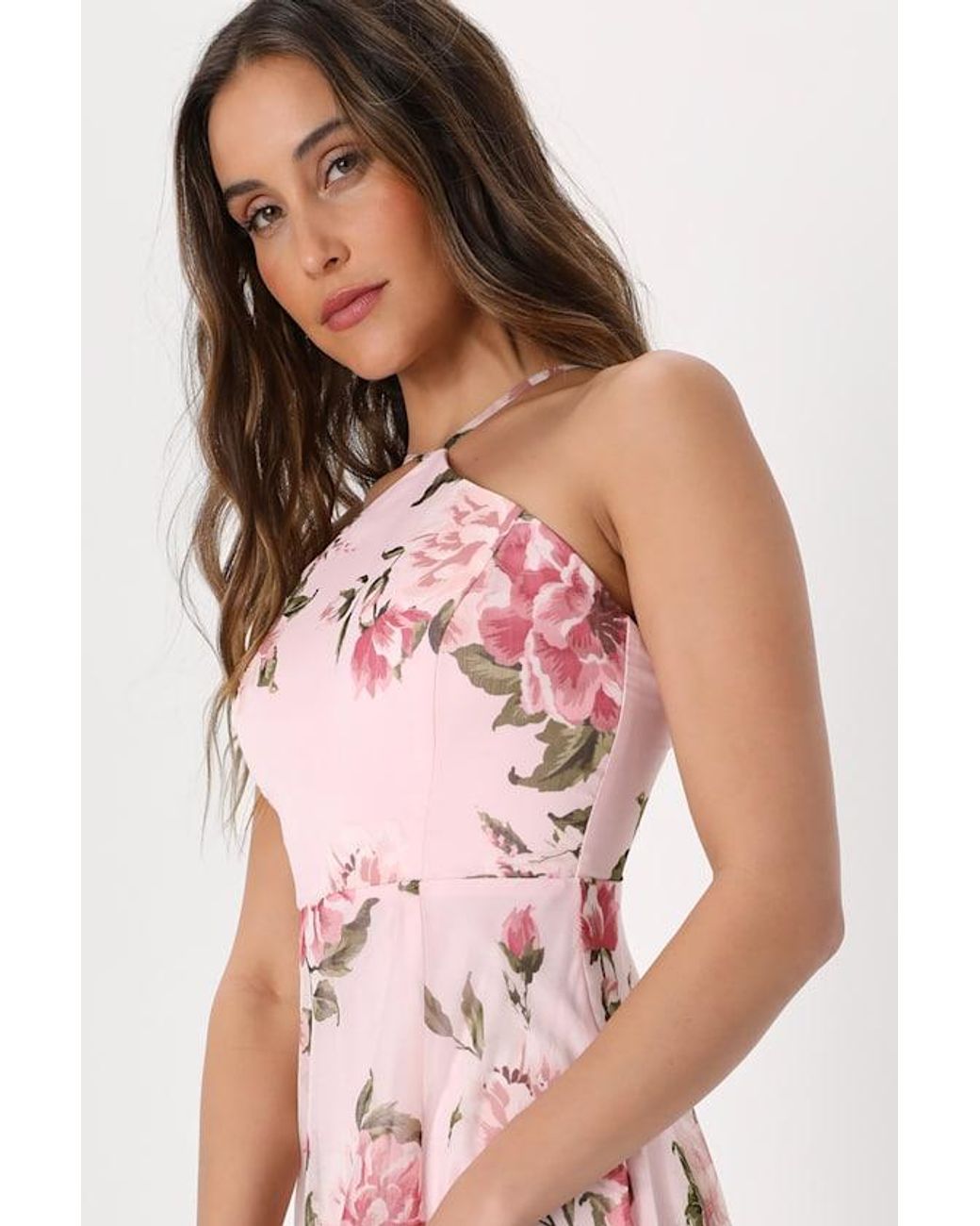 Lulus Pink Romantic Marvel Floral Print Halter Neck Maxi Dress