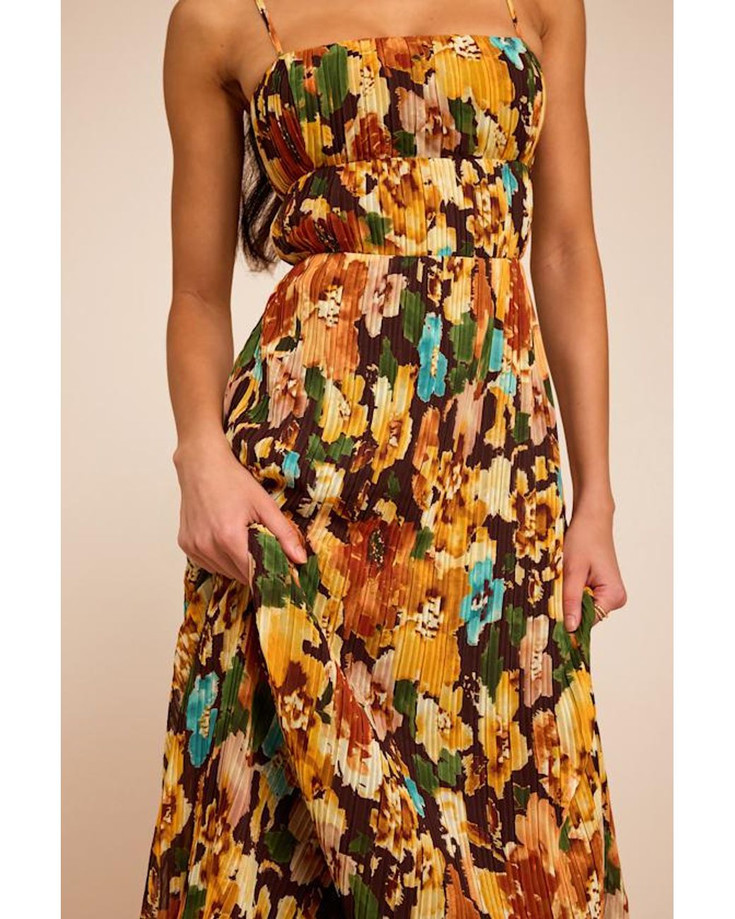 Lulus Natural Holloway Multi Floral Pleated Maxi Dress