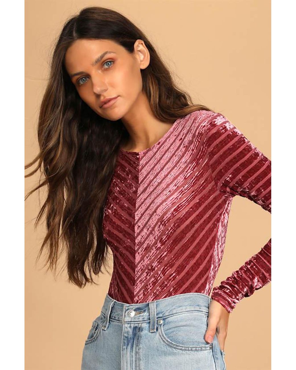 Lulus Red Save The Date Dusty Velvet Striped Long Sleeve Bodysuit
