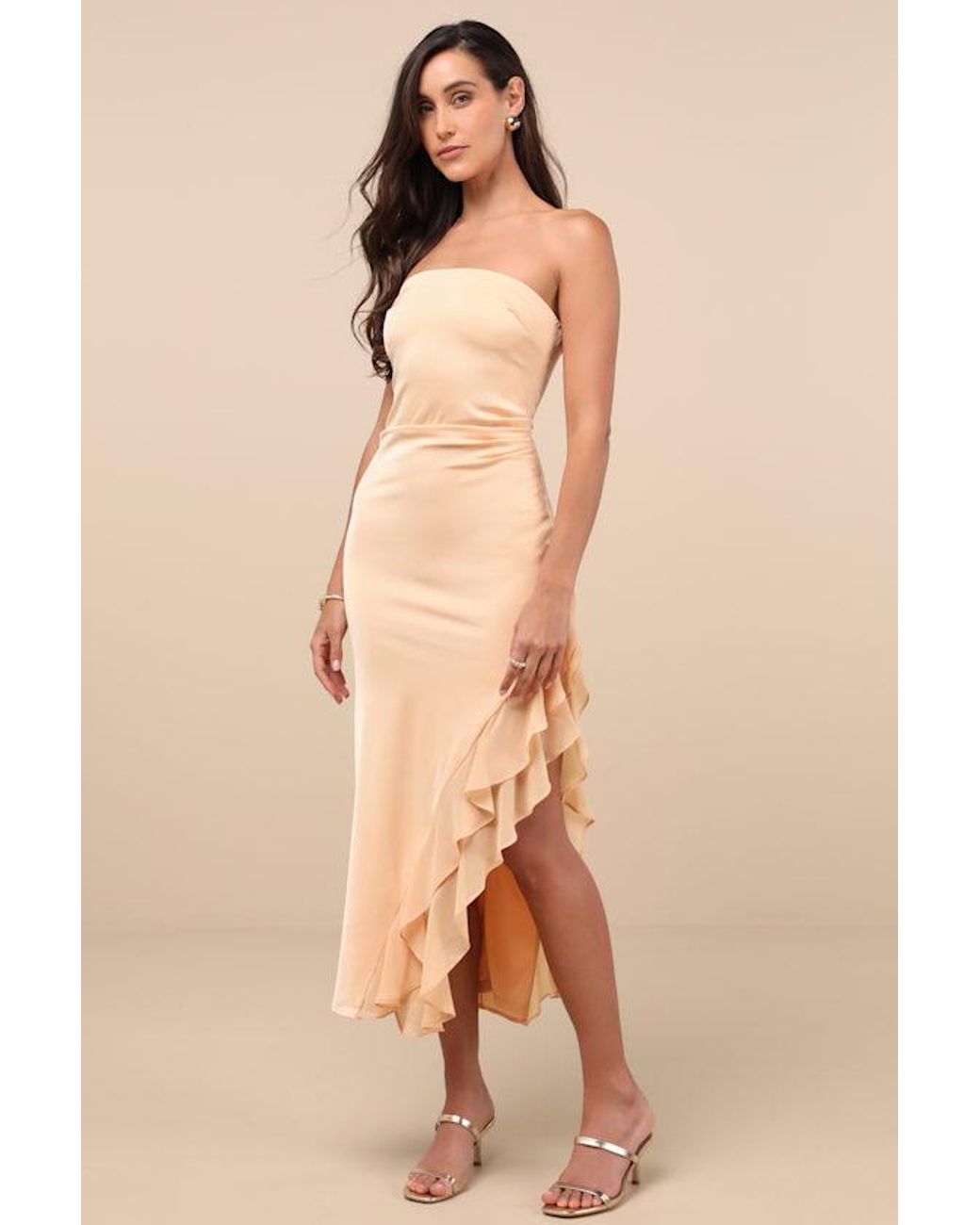 Lulus Natural Graceful Perfection Satin Ruffled Strapless Midi Dress