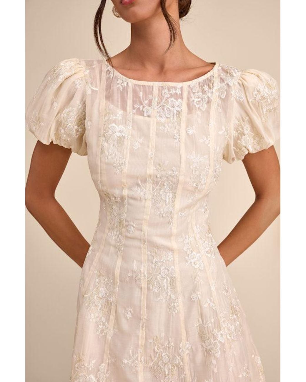 Lulus Natural Elfrieda Cream Embroidered Puff Sleeve Mini Dress