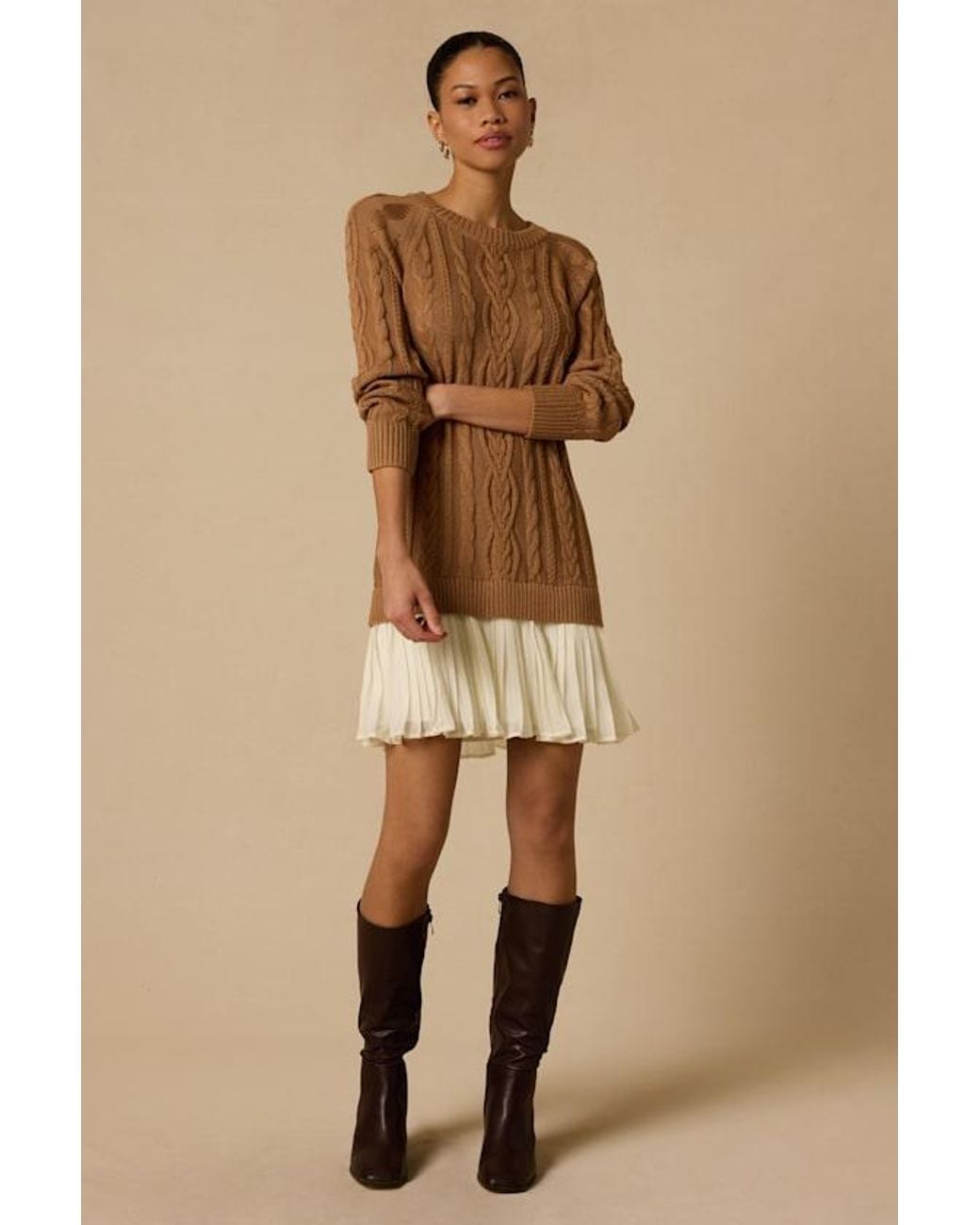 Lulus Natural Alvie Cable Knit Drop Waist Sweater Dress