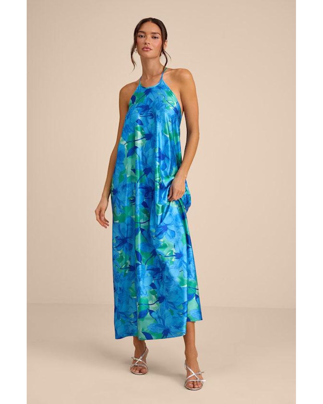 Lulus Blue Imana Floral Satin Shift Midi Dress