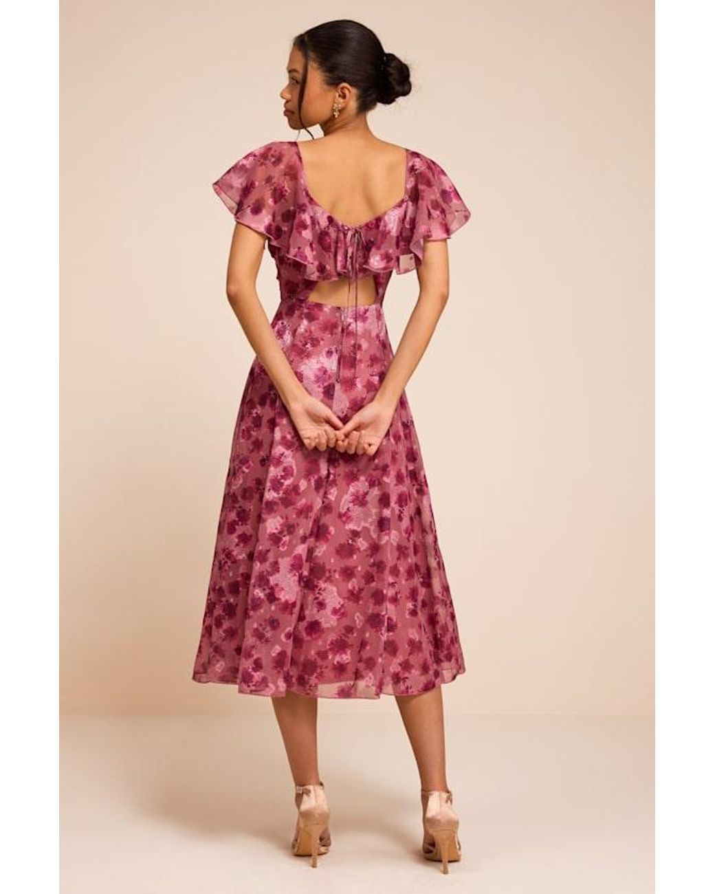 Lulus Pink Camillo Floral Jacquard Flutter Sleeve Midi Dress