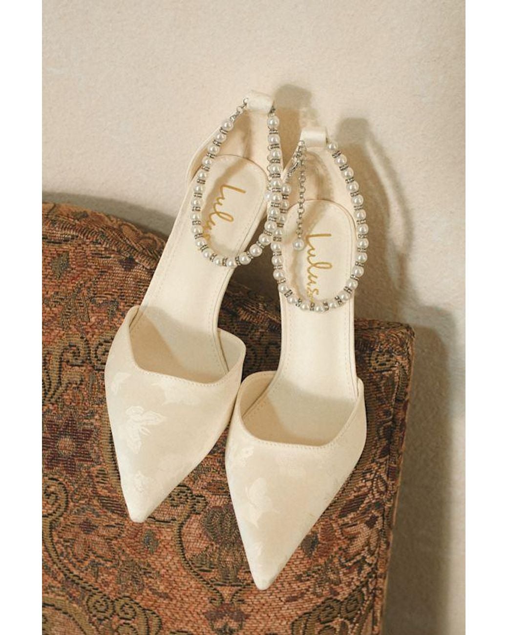 Lulus Natural Katie Satin Pearl Pointed-Toe Ankle Strap Pumps