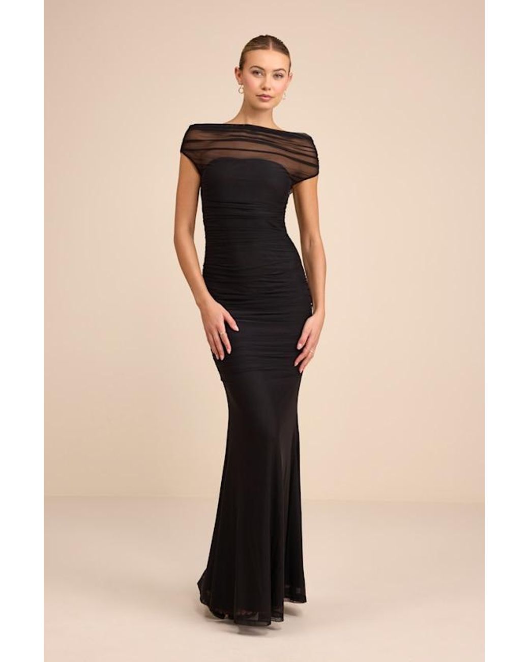 Lulus Black Sunama Mesh Ruched Mermaid Maxi Dress