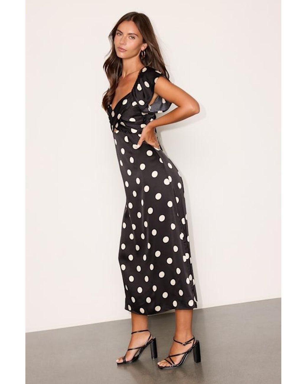 Lulus Black Villena Polka Dot Satin Tie-Back Midi Dress