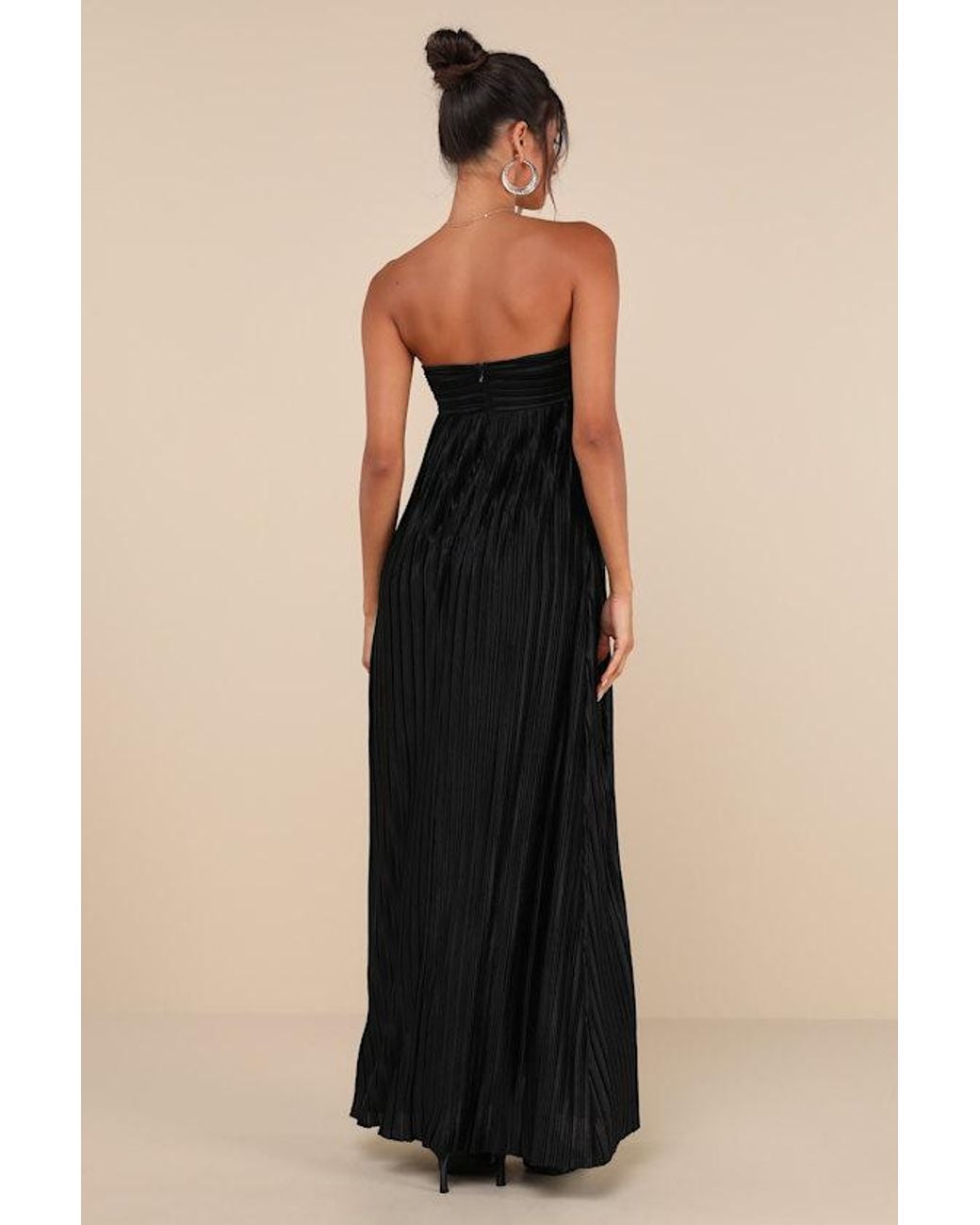 Lulus Black Whimsical Beauty Satin Plisse Strapless Maxi Dress