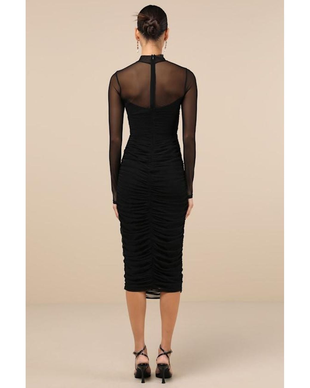 Lulus Black Impressive Flirt Mesh Ruched Mock Neck Midi Dress