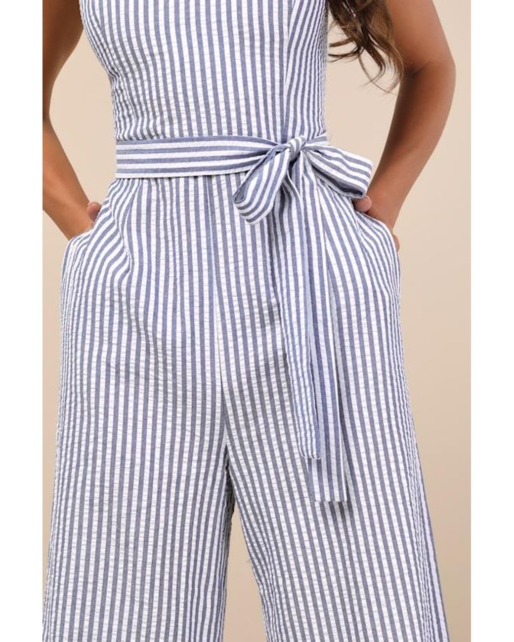 Lulus Blue Messina Striped Wide-Leg Jumpsuit